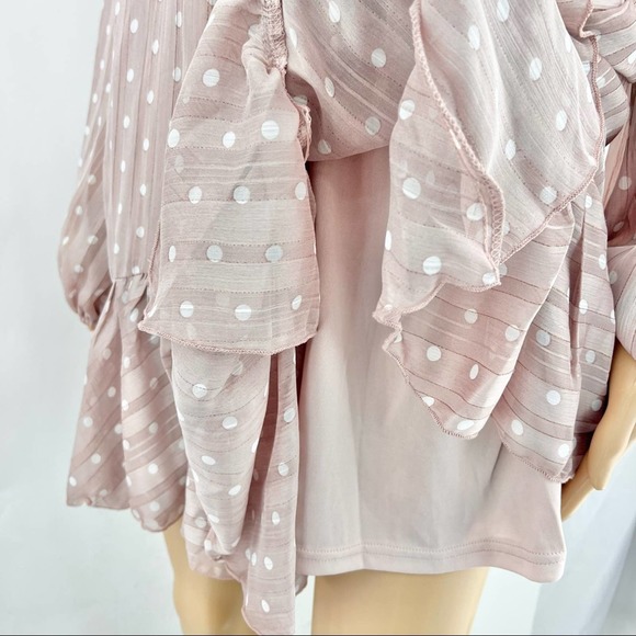 Lulus (L) Spotlight Moment Mauve Pastel Pink Polka Dot Chiffon Ruffle Mini Dress - Picture 6 of 9
